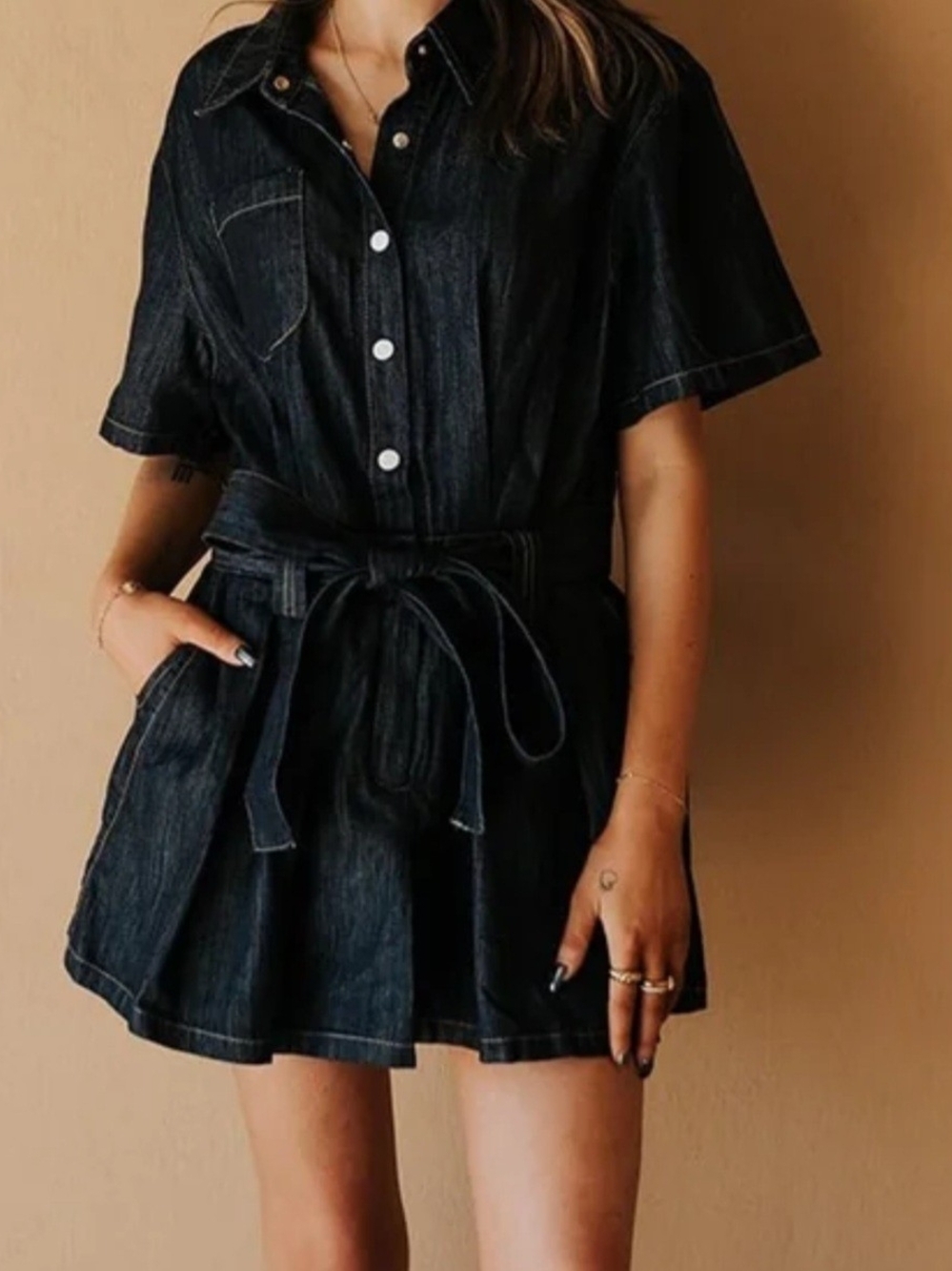 Women’s Denim Romper with Waist Tie